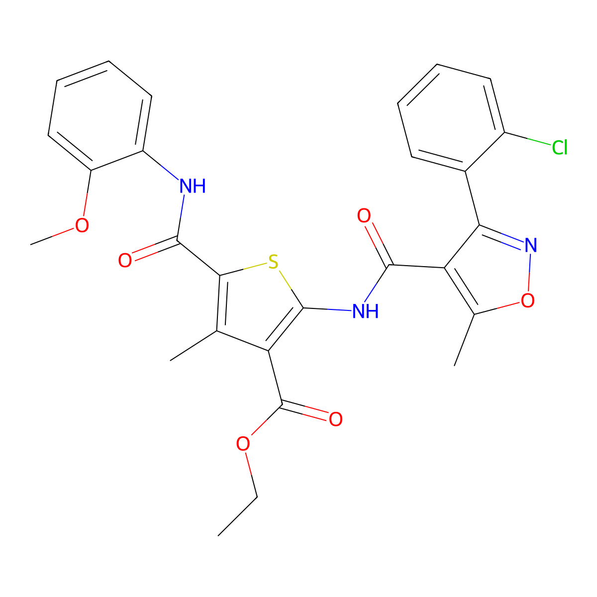 Ethyl 2-[[3-(2-chlorophenyl)-5-methyl-1,2-oxazole-4-carbonyl]amino]-5-[(2-methoxyphenyl)carbamoyl]-4-methylthiophene-3-carboxylate molecular structure, CAS 444931-62-8