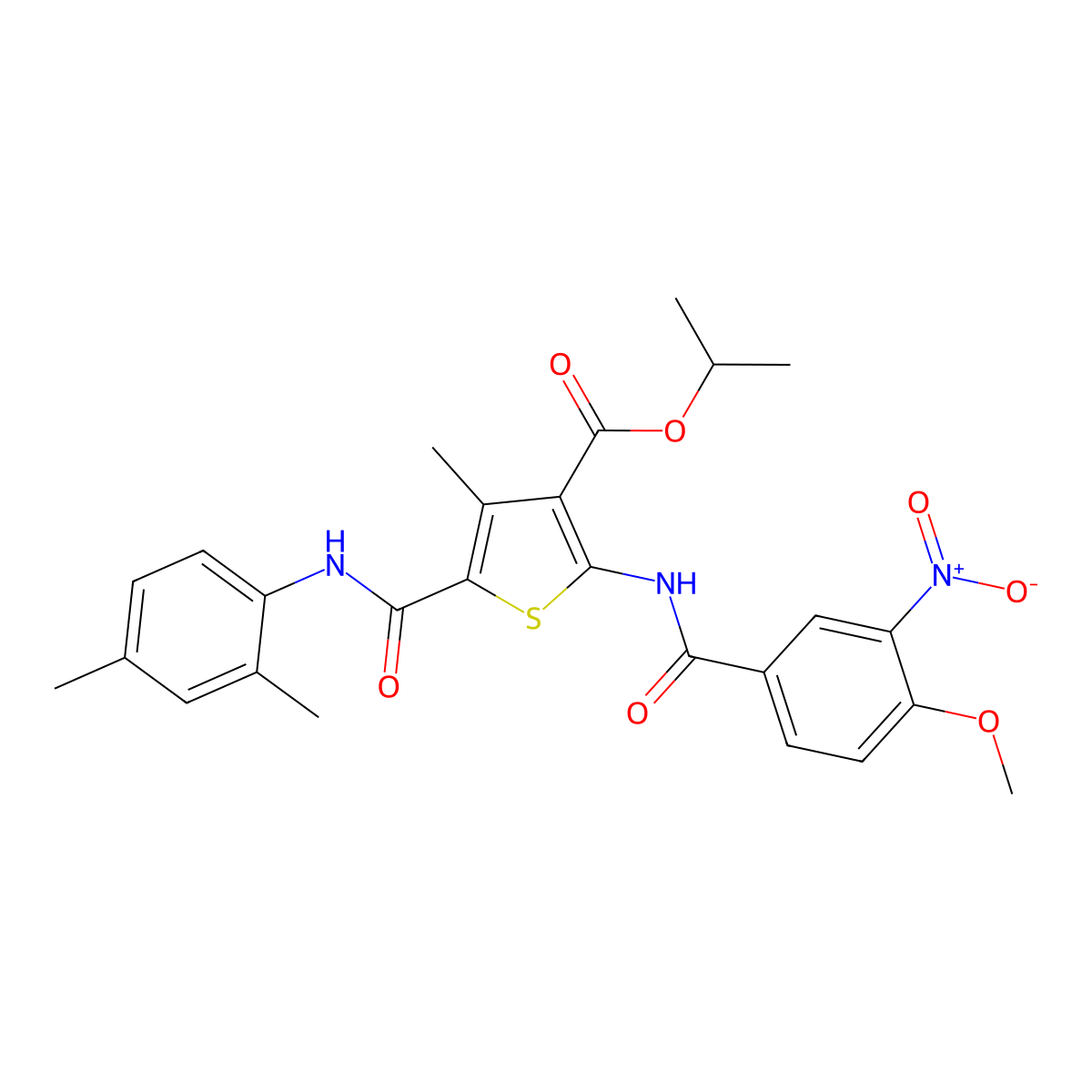 Isopropyl 5-[(2,4-dimethylanilino)carbonyl]-2-({3-nitro-4-methoxybenzoyl}amino)-4-methyl-3-thiophenecarboxylate molecular structure, CAS 444931-74-2