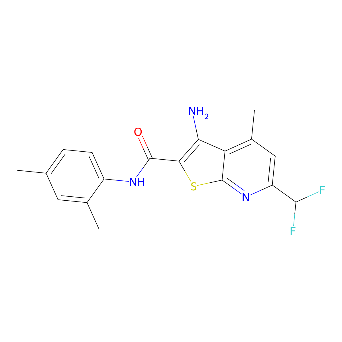 3-amino-6-(difluoromethyl)-N-(2,4-dimethylphenyl)-4-methylthieno[2,3-b]pyridine-2-carboxamide molecular structure, CAS 444931-81-1