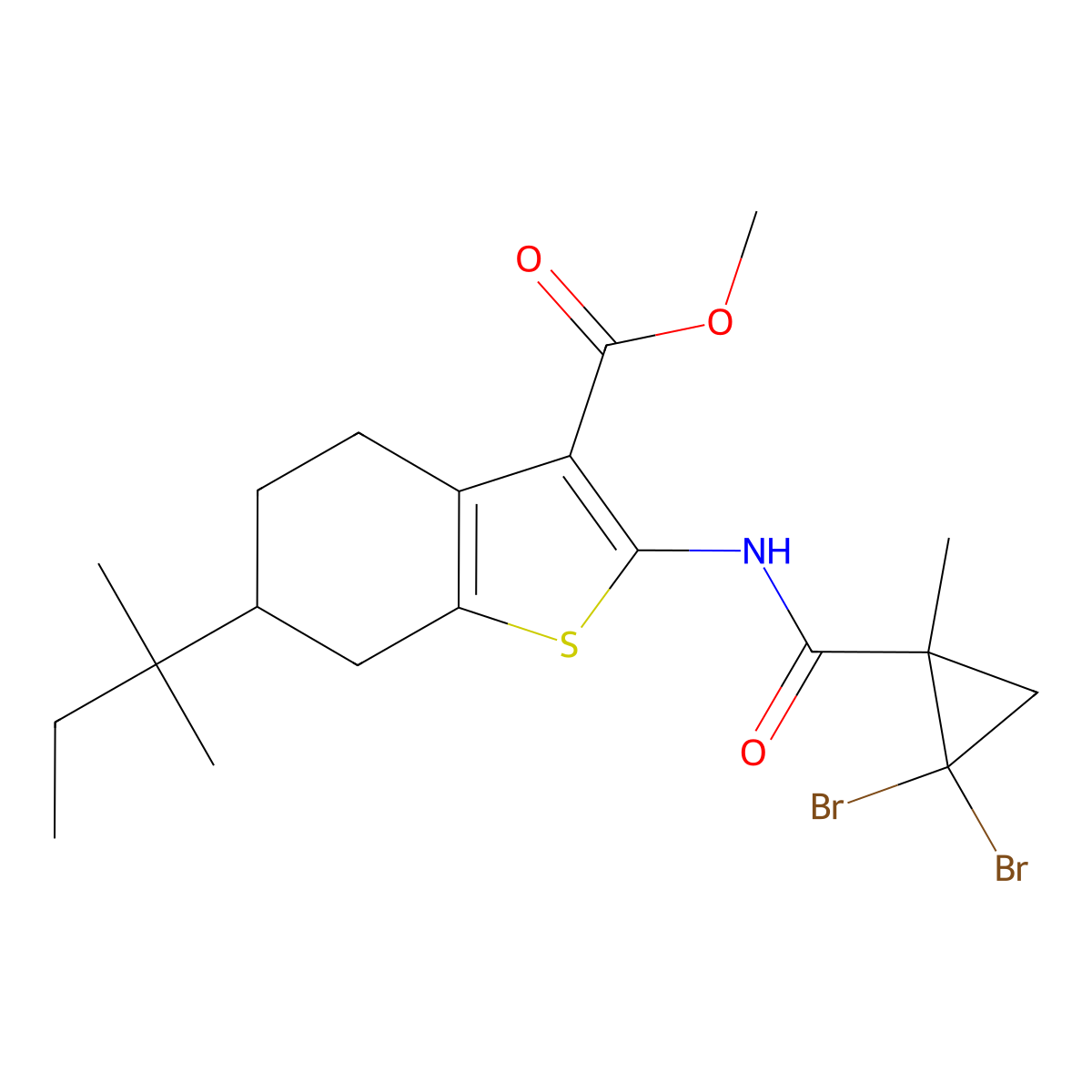 Methyl 2-[(2,2-dibromo-1-methylcyclopropanecarbonyl)amino]-6-(2-methylbutan-2-yl)-4,5,6,7-tetrahydro-1-benzothiophene-3-carboxylate molecular structure, CAS 444932-15-4