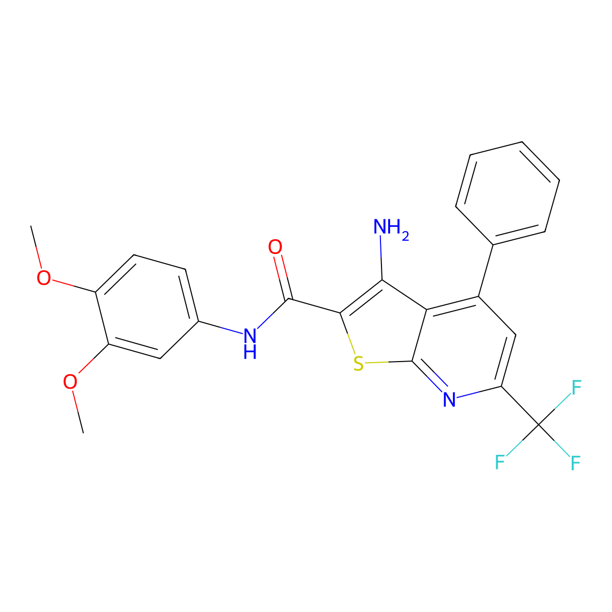 3-amino-N-(3,4-dimethoxyphenyl)-4-phenyl-6-(trifluoromethyl)thieno[2,3-b]pyridine-2-carboxamide molecular structure, CAS 444932-57-4