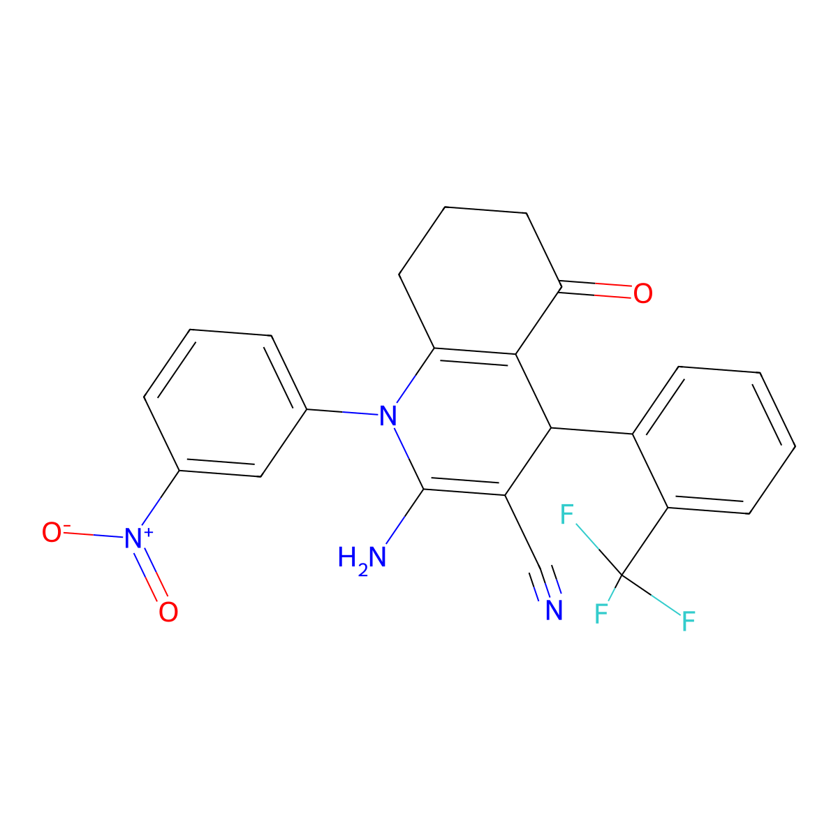 2-Amino-1-(3-nitrophenyl)-5-oxo-4-[2-(trifluoromethyl)phenyl]-4,6,7,8-tetrahydroquinoline-3-carbonitrile molecular structure, CAS 444932-72-3