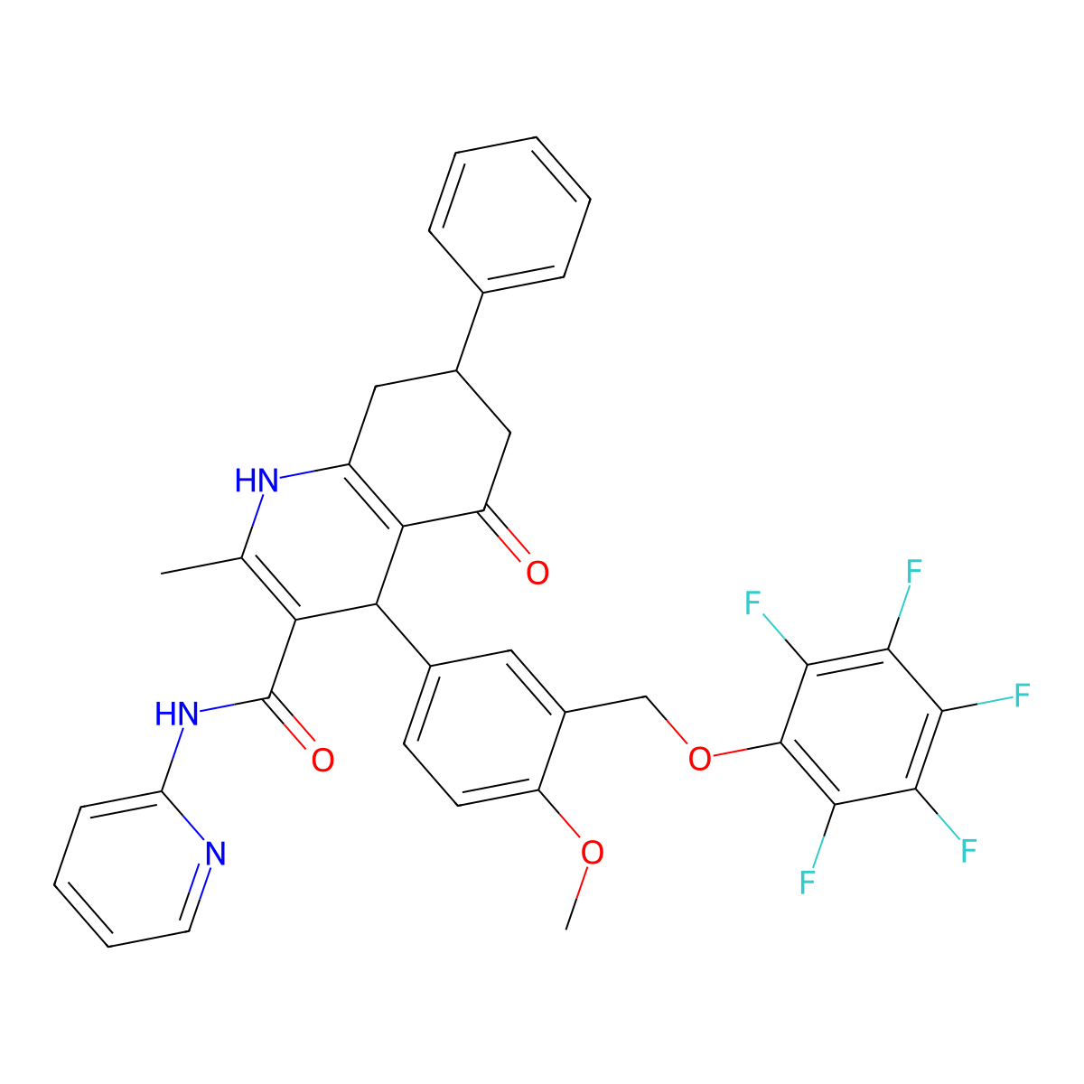 4-[4-methoxy-3-[(2,3,4,5,6-pentafluorophenoxy)methyl]phenyl]-2-methyl-5-oxo-7-phenyl-N-pyridin-2-yl-4,6,7,8-tetrahydro-1H-quinoline-3-carboxamide molecular structure, CAS 444932-74-5
