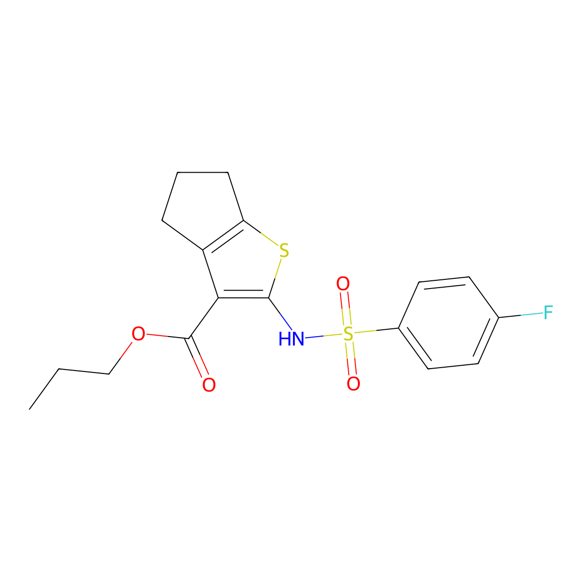 propyl 2-{[(4-fluorophenyl)sulfonyl]amino}-5,6-dihydro-4H-cyclopenta[b]thiophene-3-carboxylate molecular structure, CAS 444932-95-0