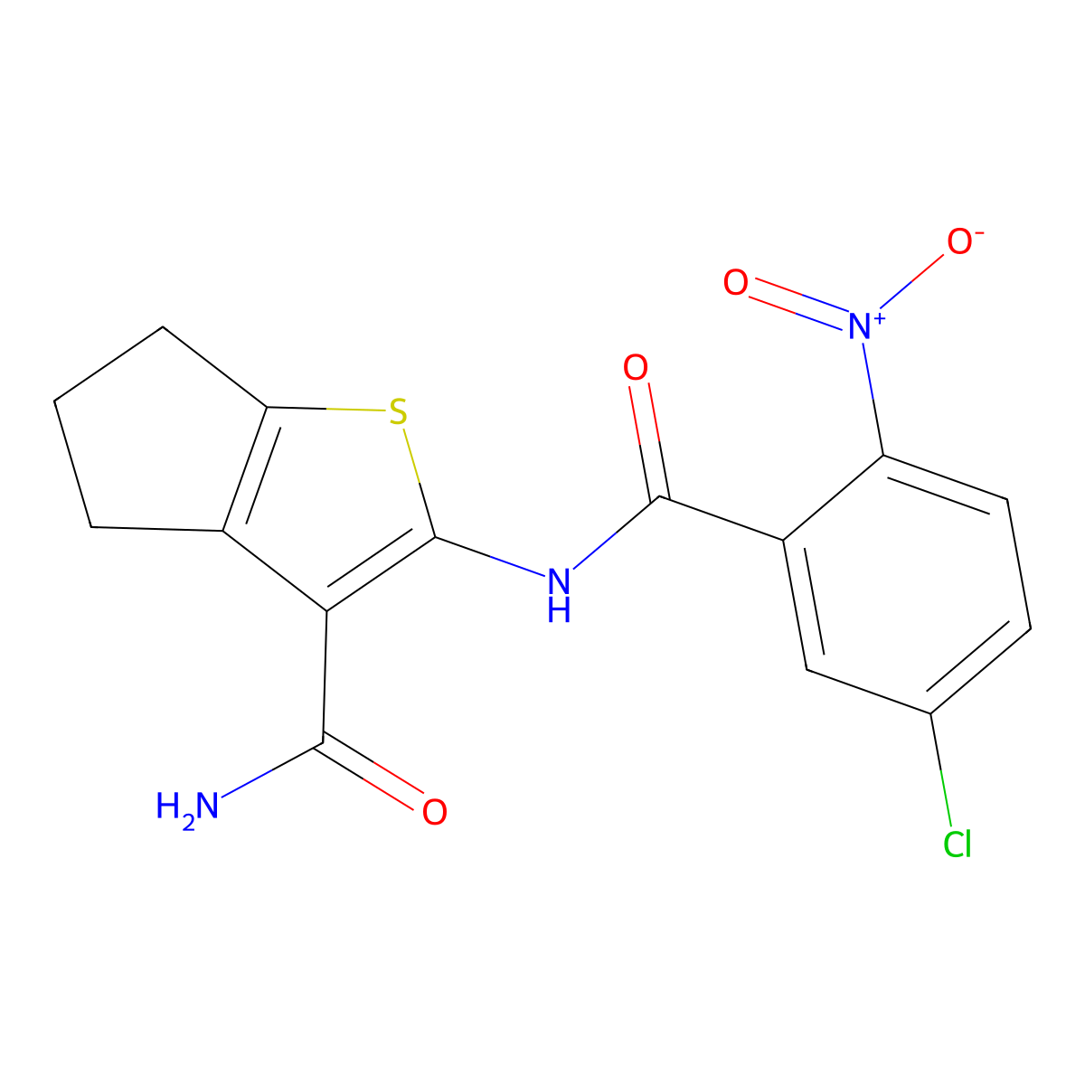 2-[(5-chloro-2-nitrobenzoyl)amino]-5,6-dihydro-4H-cyclopenta[b]thiophene-3-carboxamide molecular structure, CAS 444933-09-9