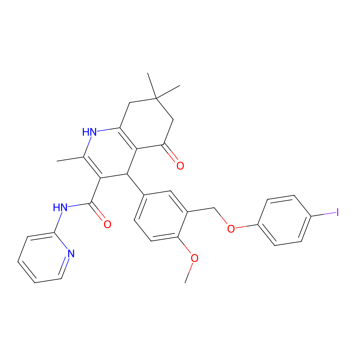 4-[3-[(4-iodophenoxy)methyl]-4-methoxyphenyl]-2,7,7-trimethyl-5-oxo-N-pyridin-2-yl-1,4,6,8-tetrahydroquinoline-3-carboxamide molecular structure, CAS 444933-25-9
