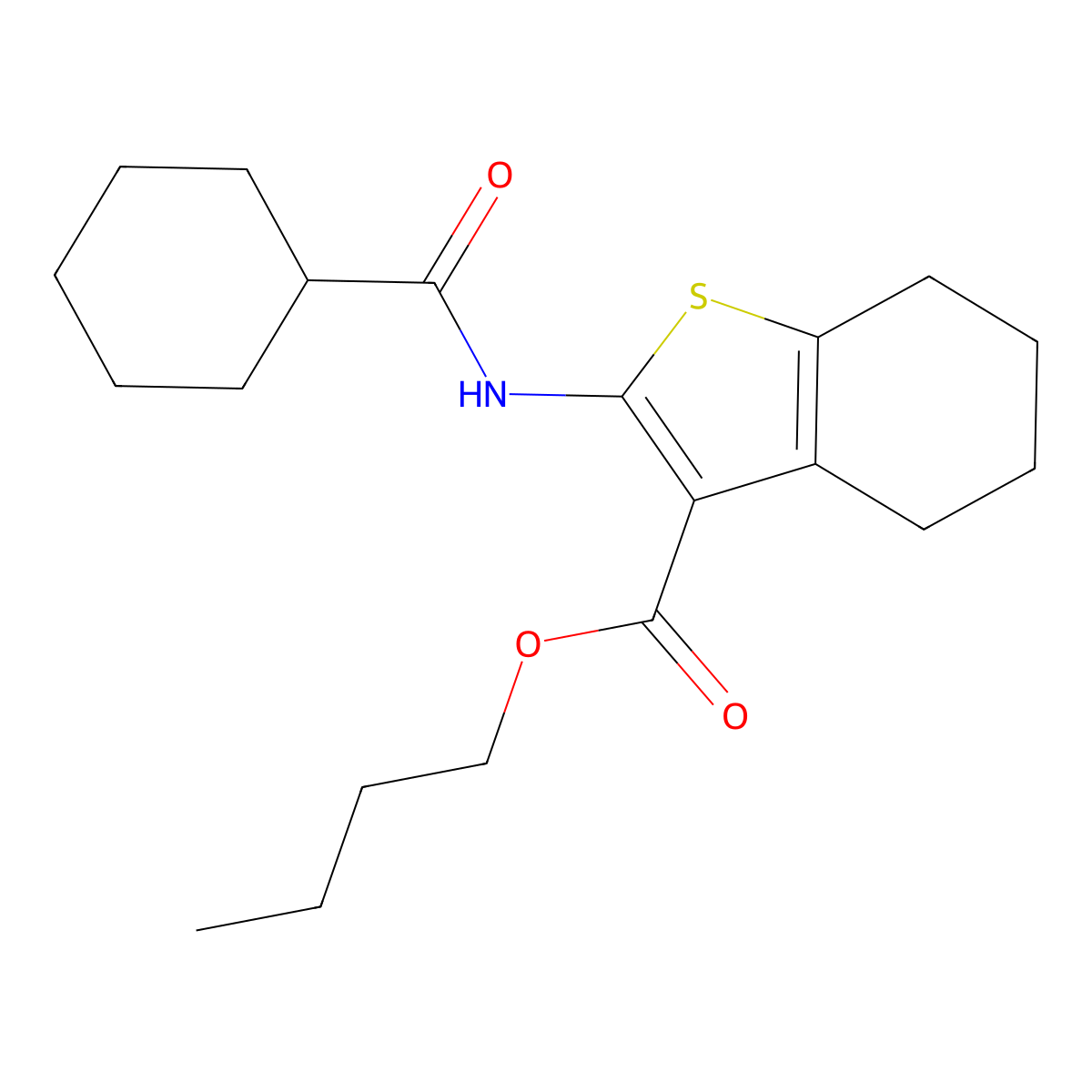 Butyl 2-[(cyclohexylcarbonyl)amino]-4,5,6,7-tetrahydro-1-benzothiophene-3-carboxylate molecular structure, CAS 444933-32-8