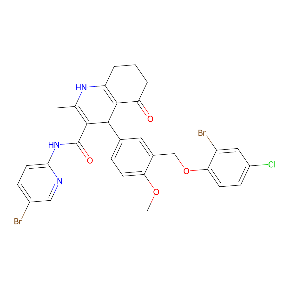 4-[3-[(2-bromo-4-chlorophenoxy)methyl]-4-methoxyphenyl]-N-(5-bromopyridin-2-yl)-2-methyl-5-oxo-4,6,7,8-tetrahydro-1H-quinoline-3-carboxamide molecular structure, CAS 444933-45-3