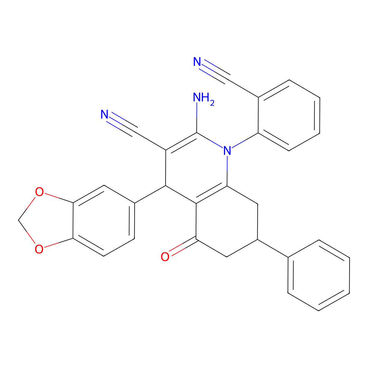 2-Amino-4-(1,3-benzodioxol-5-YL)-1-(2-cyanophenyl)-5-oxo-7-phenyl-1,4,5,6,7,8-hexahydro-3-quinolinecarbonitrile molecular structure, CAS 444933-56-6
