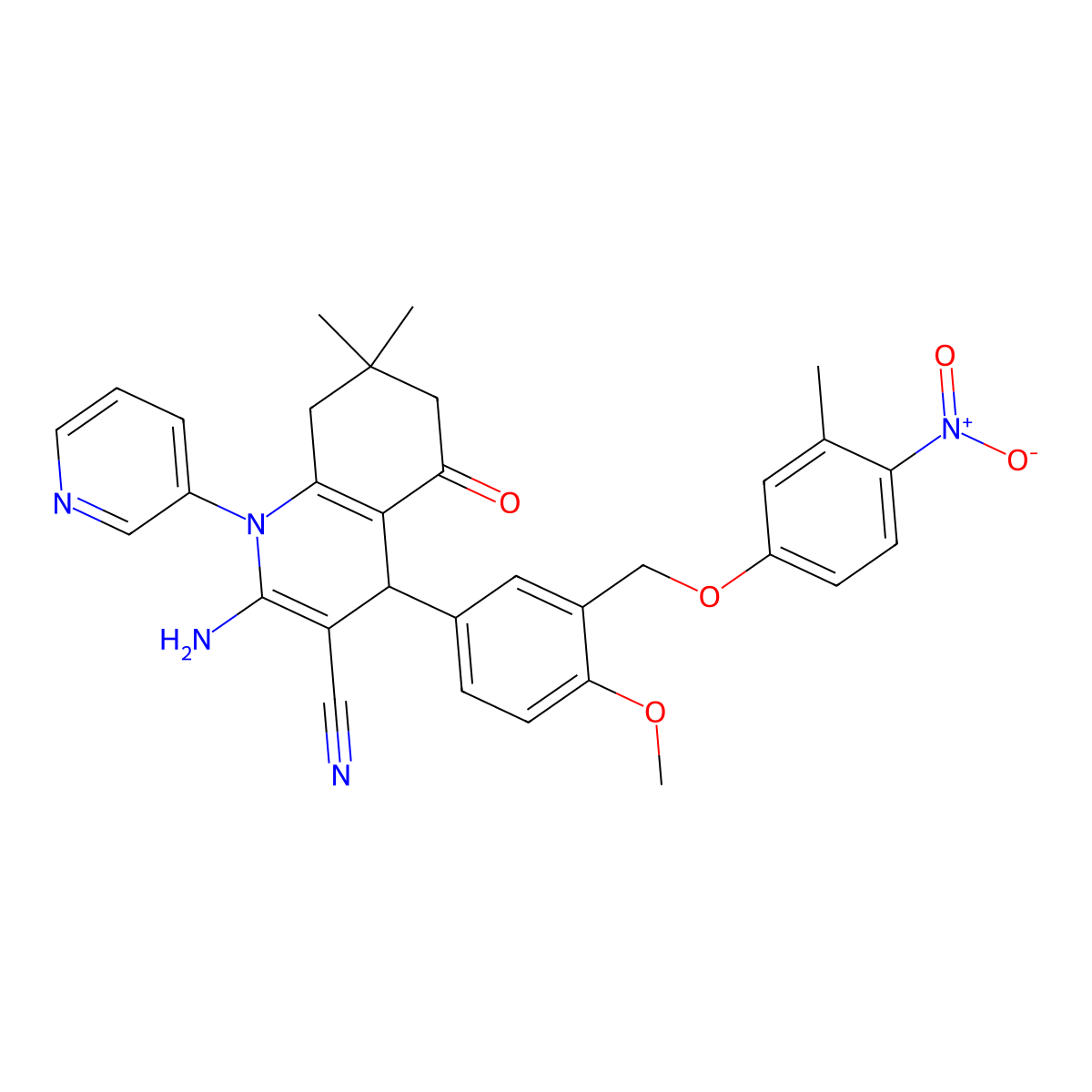 2-amino-4-[4-methoxy-3-[(3-methyl-4-nitrophenoxy)methyl]phenyl]-7,7-dimethyl-5-oxo-1-pyridin-3-yl-6,8-dihydro-4H-quinoline-3-carbonitrile molecular structure, CAS 444933-61-3