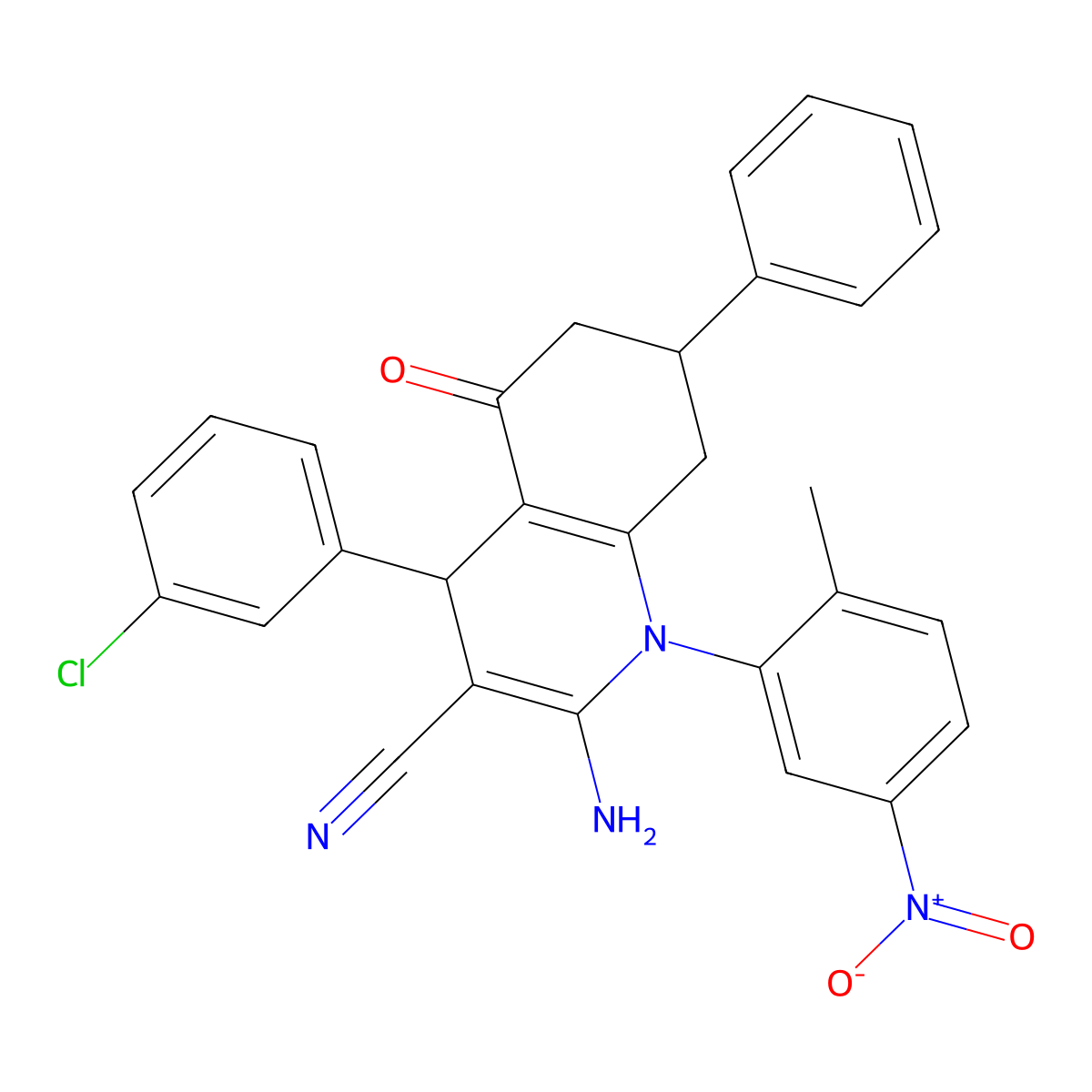 2-Amino-4-(3-chlorophenyl)-1-(2-methyl-5-nitrophenyl)-5-oxo-7-phenyl-1,4,5,6,7,8-hexahydro-3-quinolinecarbonitrile molecular structure, CAS 444933-65-7