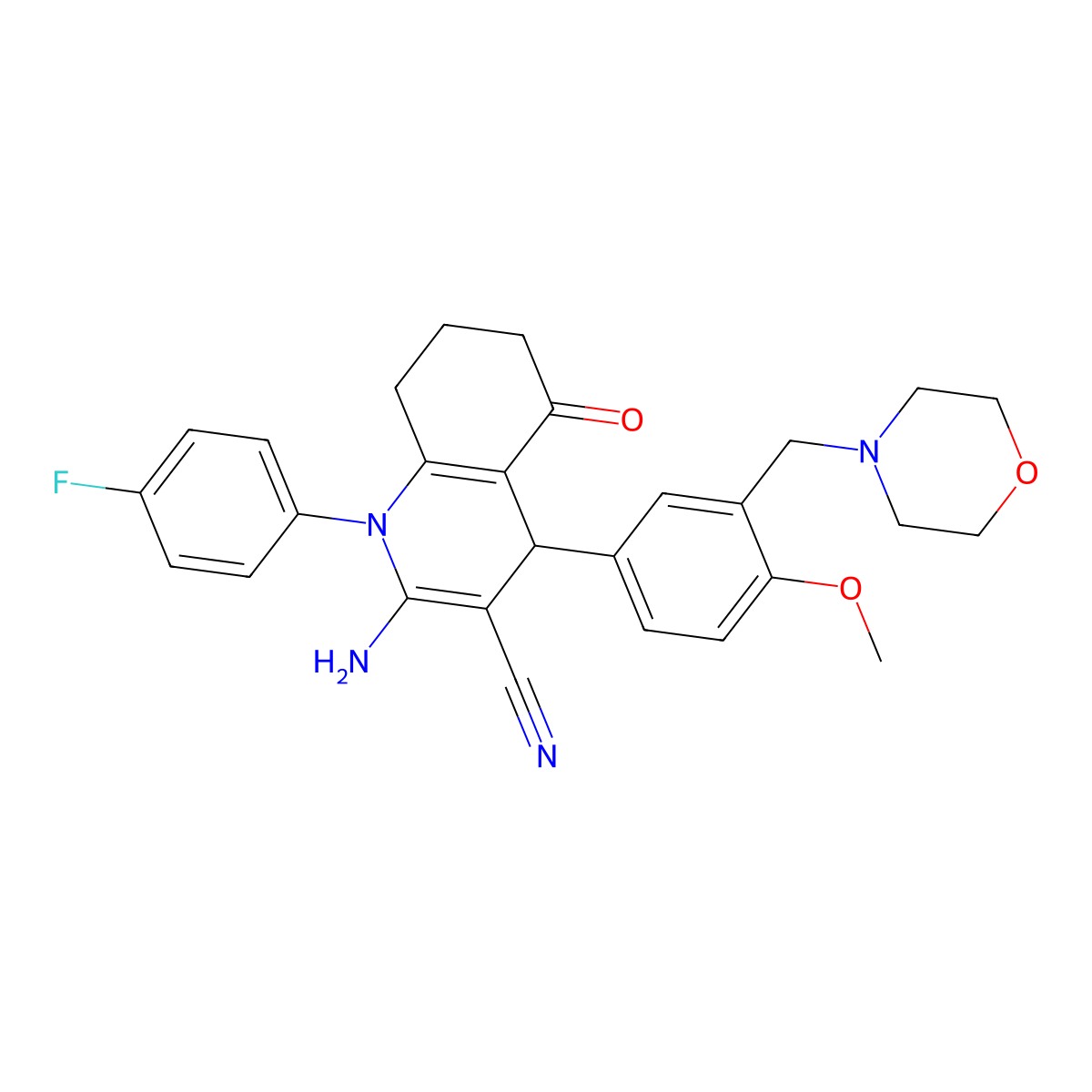 2-Amino-1-(4-fluorophenyl)-4-[4-methoxy-3-(morpholin-4-ylmethyl)phenyl]-5-oxo-4,6,7,8-tetrahydroquinoline-3-carbonitrile molecular structure, CAS 444933-76-0