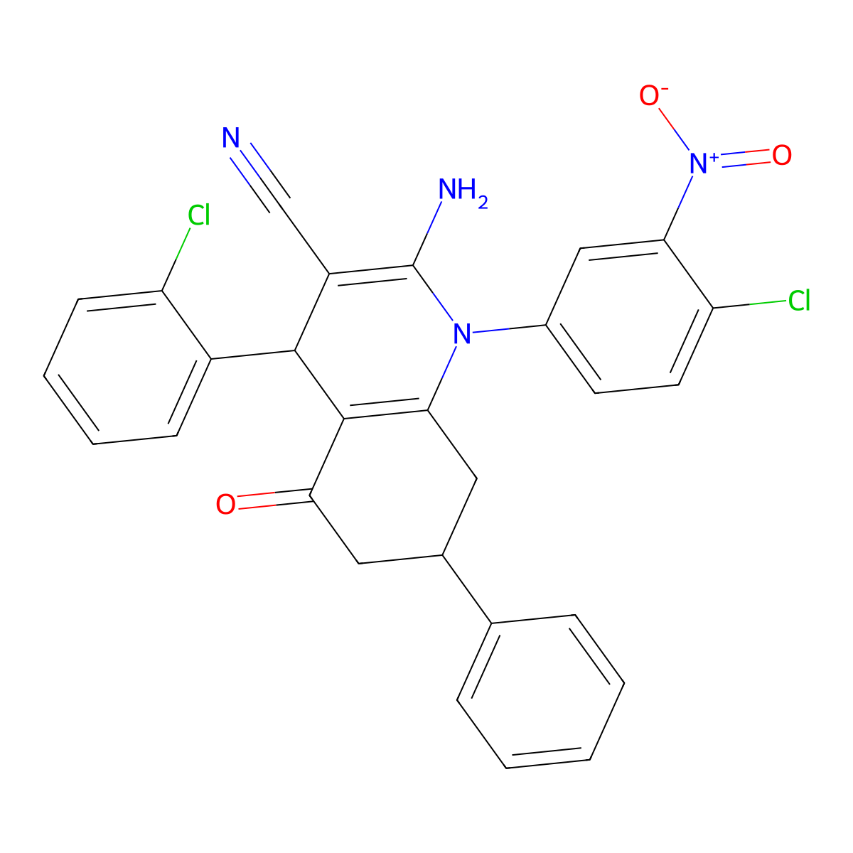 2-Amino-1-{4-chloro-3-nitrophenyl}-4-(2-chlorophenyl)-5-oxo-7-phenyl-1,4,5,6,7,8-hexahydroquinoline-3-carbonitrile molecular structure, CAS 444933-82-8