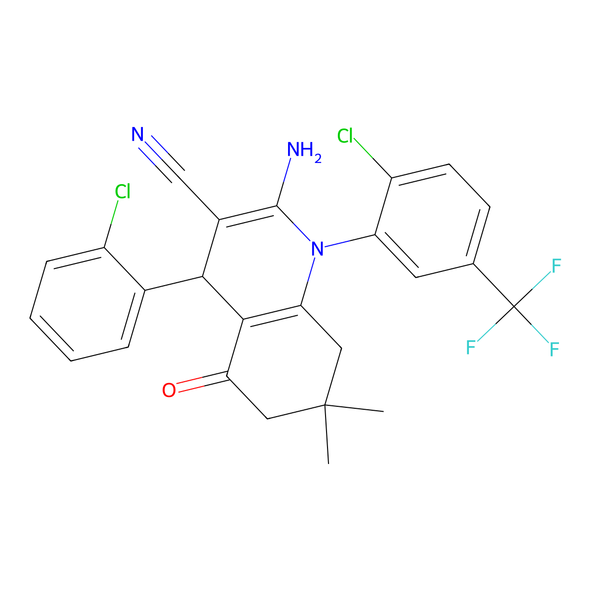 2-Amino-4-(2-chlorophenyl)-1-(2-chloro-5-(trifluoromethyl)phenyl)-7,7-dimethyl-5-oxo-1,4,5,6,7,8-hexahydro-3-quinolinecarbonitrile molecular structure, CAS 444933-97-5