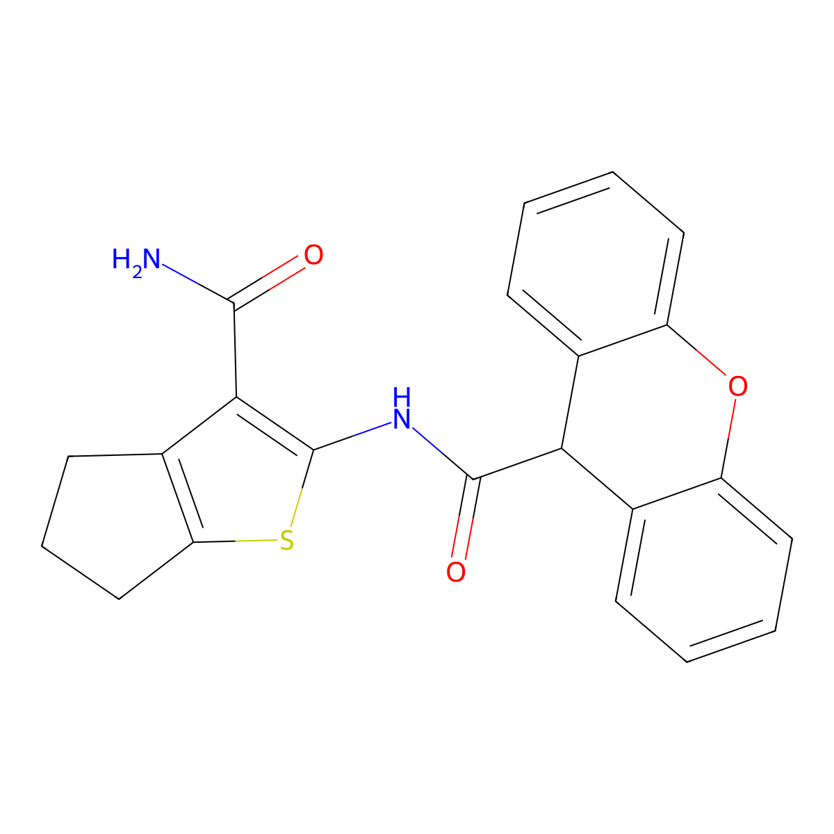 N-(3-carbamoyl-5,6-dihydro-4H-cyclopenta[b]thiophen-2-yl)-9H-xanthene-9-carboxamide molecular structure, CAS 444933-98-6