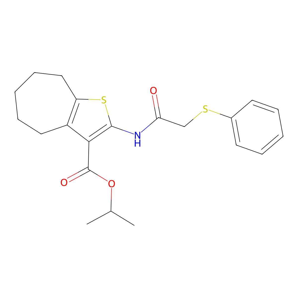 propan-2-yl 2-[(2-phenylsulfanylacetyl)amino]-5,6,7,8-tetrahydro-4H-cyclohepta[b]thiophene-3-carboxylate molecular structure, CAS 444934-03-6