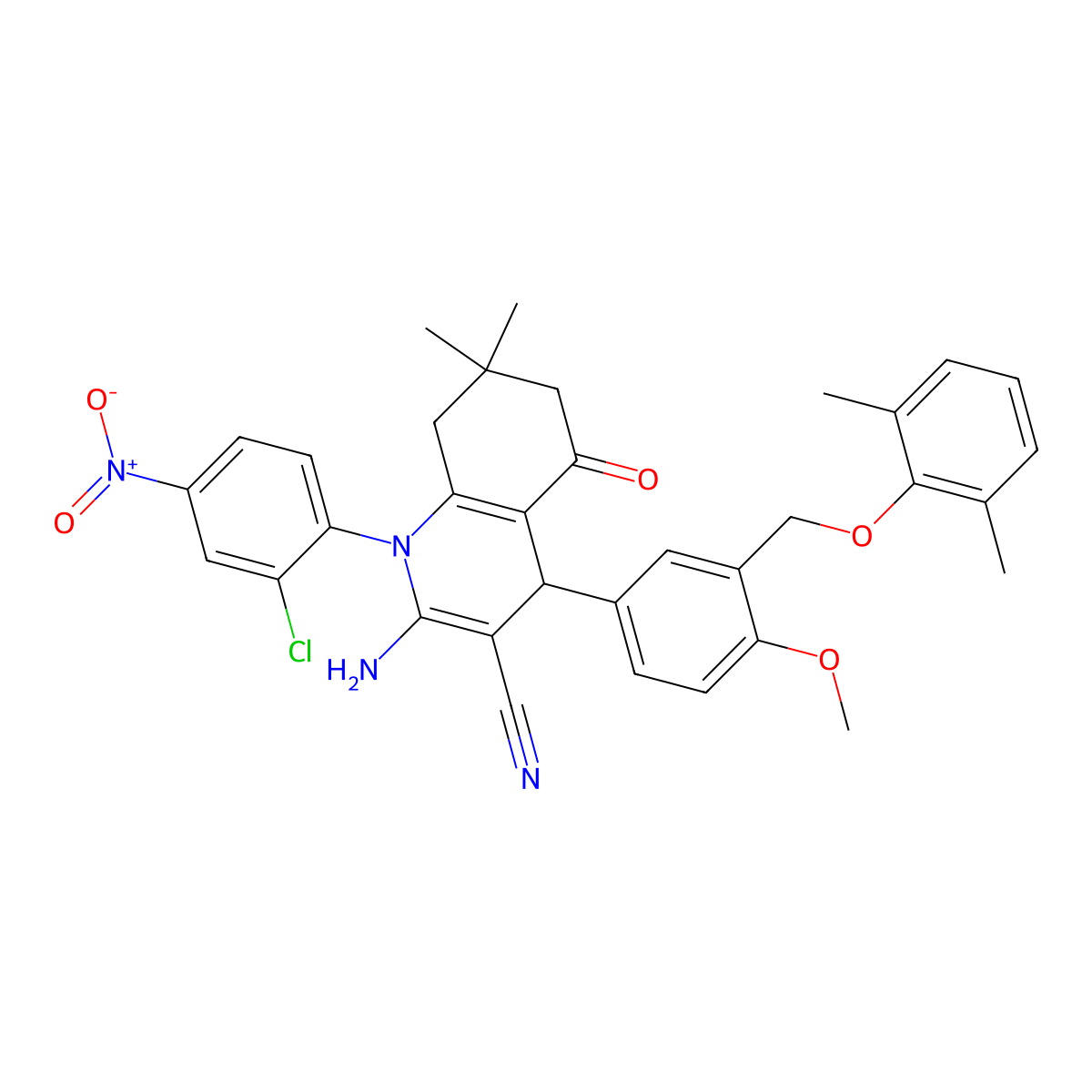 2-Amino-1-{2-chloro-4-nitrophenyl}-4-{3-[(2,6-dimethylphenoxy)methyl]-4-methoxyphenyl}-7,7-dimethyl-5-oxo-1,4,5,6,7,8-hexahydroquinoline-3-carbonitrile molecular structure, CAS 444934-14-9