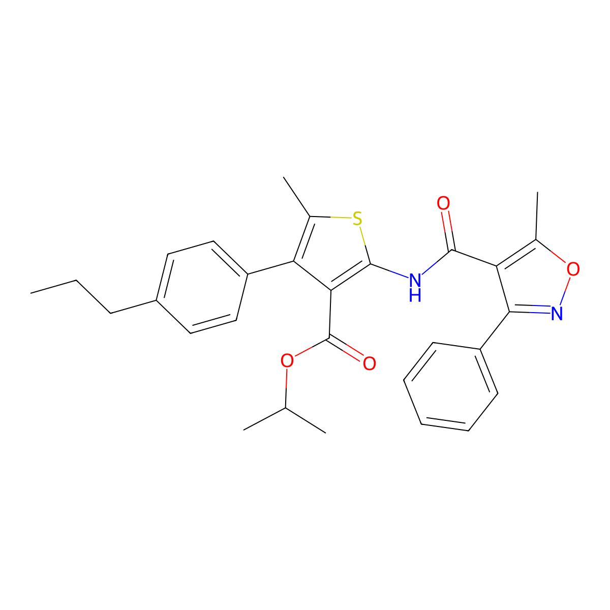 Isopropyl 5-methyl-2-{[(5-methyl-3-phenyl-4-isoxazolyl)carbonyl]amino}-4-(4-propylphenyl)-3-thiophenecarboxylate molecular structure, CAS 444934-34-3