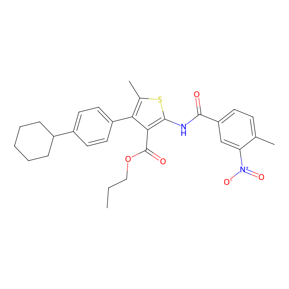 Propyl 4-(4-cyclohexylphenyl)-2-({3-nitro-4-methylbenzoyl}amino)-5-methylthiophene-3-carboxylate molecular structure, CAS 444934-40-1