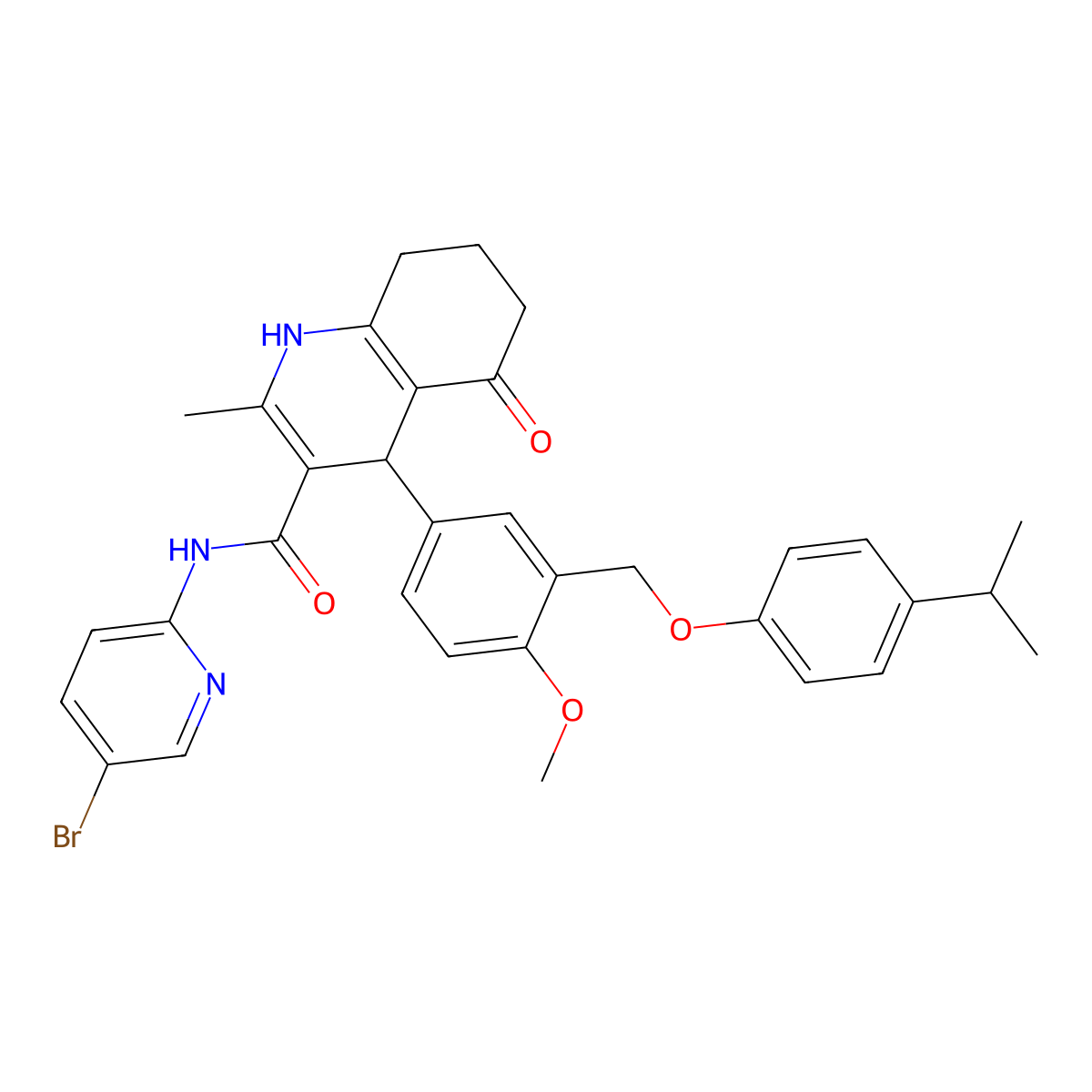 N-(5-bromopyridin-2-yl)-4-[4-methoxy-3-[(4-propan-2-ylphenoxy)methyl]phenyl]-2-methyl-5-oxo-4,6,7,8-tetrahydro-1H-quinoline-3-carboxamide molecular structure, CAS 444934-50-3
