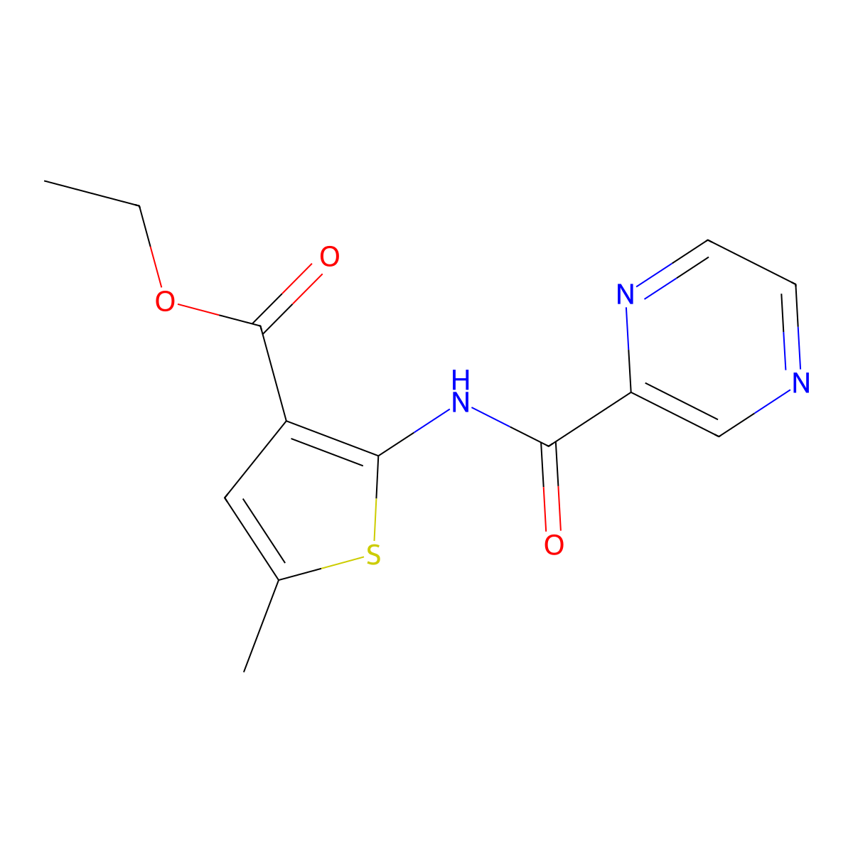 Ethyl 5-methyl-2-(pyrazin-2-ylcarbonylamino)thiophene-3-carboxylate molecular structure, CAS 444934-72-9