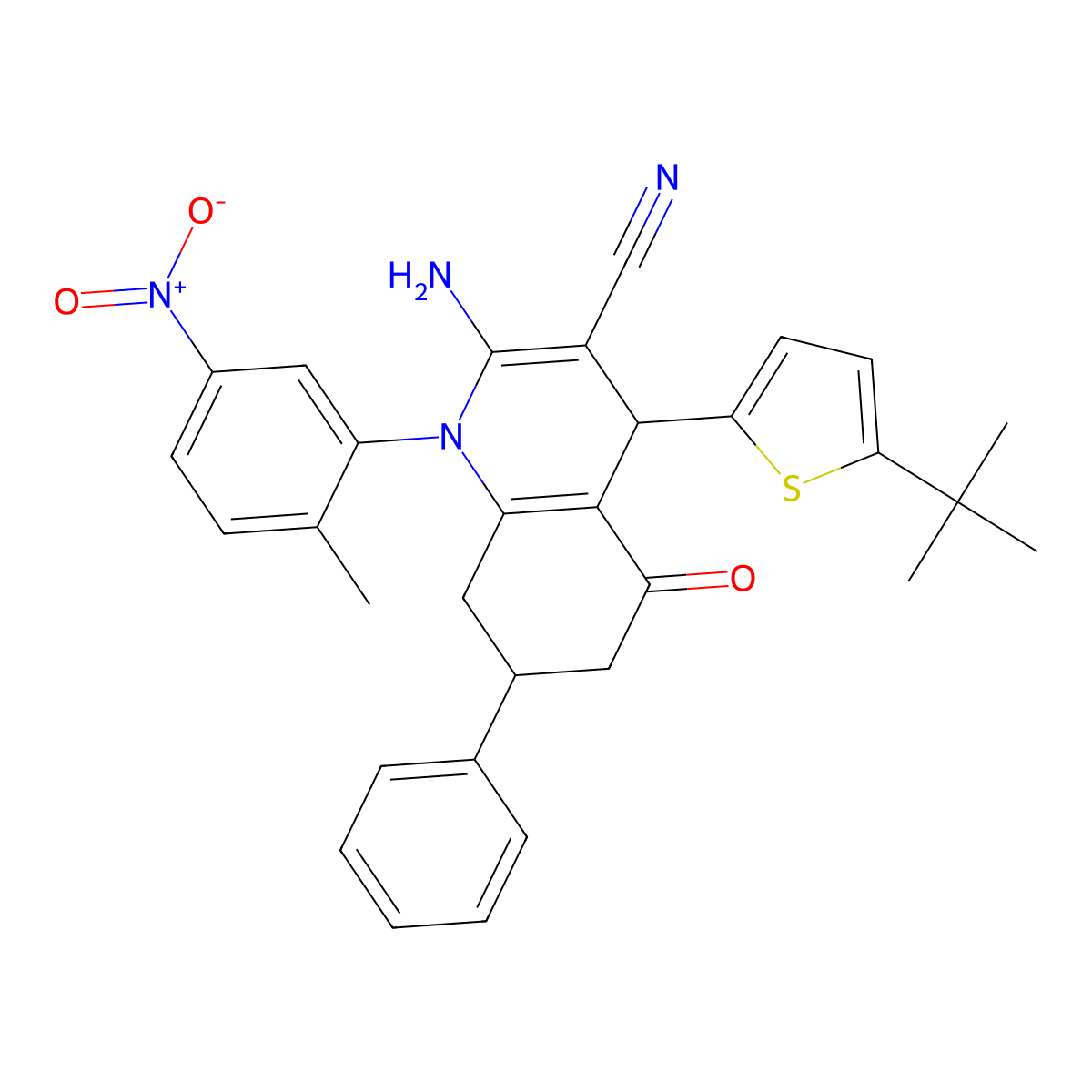 2-Amino-4-(5-tert-butylthien-2-yl)-1-{5-nitro-2-methylphenyl}-5-oxo-7-phenyl-1,4,5,6,7,8-hexahydroquinoline-3-carbonitrile molecular structure, CAS 444934-85-4