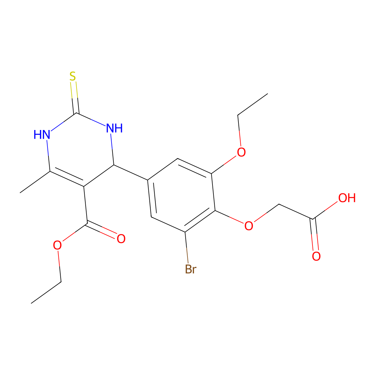 {2-Bromo-6-ethoxy-4-[5-(ethoxycarbonyl)-6-methyl-2-thioxo-1,2,3,4-tetrahydropyrimidin-4-yl]phenoxy}acetic acid molecular structure, CAS 444934-93-4