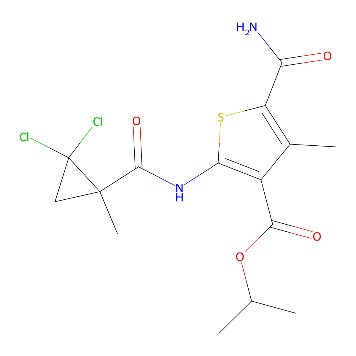 Isopropyl 5-(aminocarbonyl)-2-{[(2,2-dichloro-1-methylcyclopropyl)carbonyl]amino}-4-methylthiophene-3-carboxylate molecular structure, CAS 444935-03-9