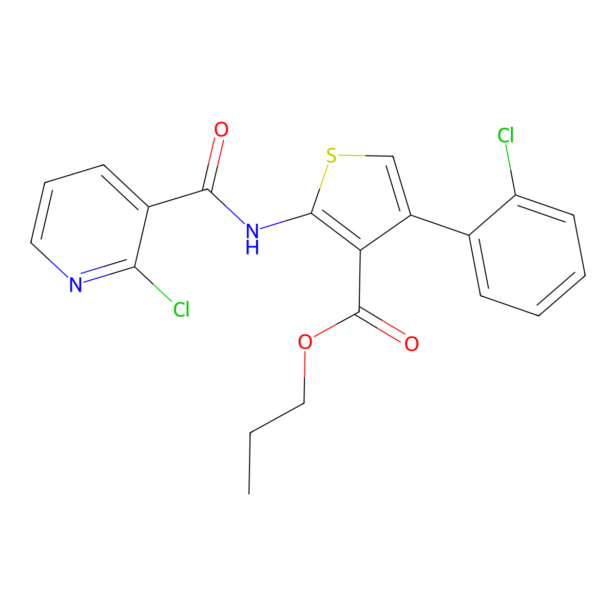 Propyl 4-(2-chlorophenyl)-2-[(2-chloropyridine-3-carbonyl)amino]thiophene-3-carboxylate molecular structure, CAS 444935-16-4