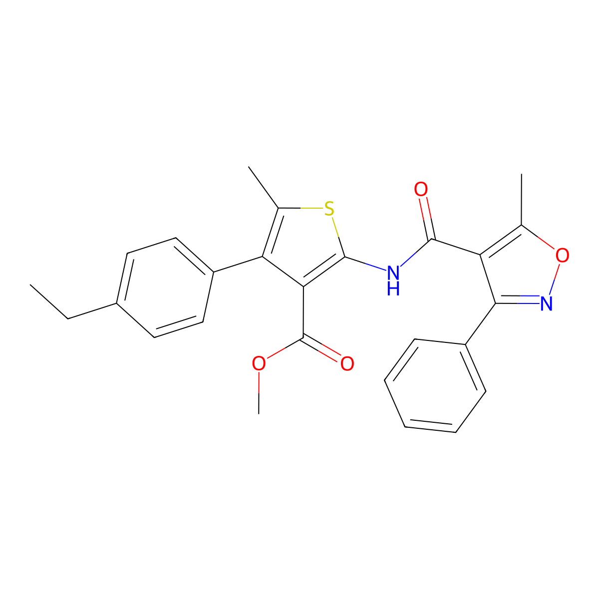 Methyl 4-(4-ethylphenyl)-5-methyl-2-{[(5-methyl-3-phenyl-4-isoxazolyl)carbonyl]amino}-3-thiophenecarboxylate molecular structure, CAS 444935-37-9