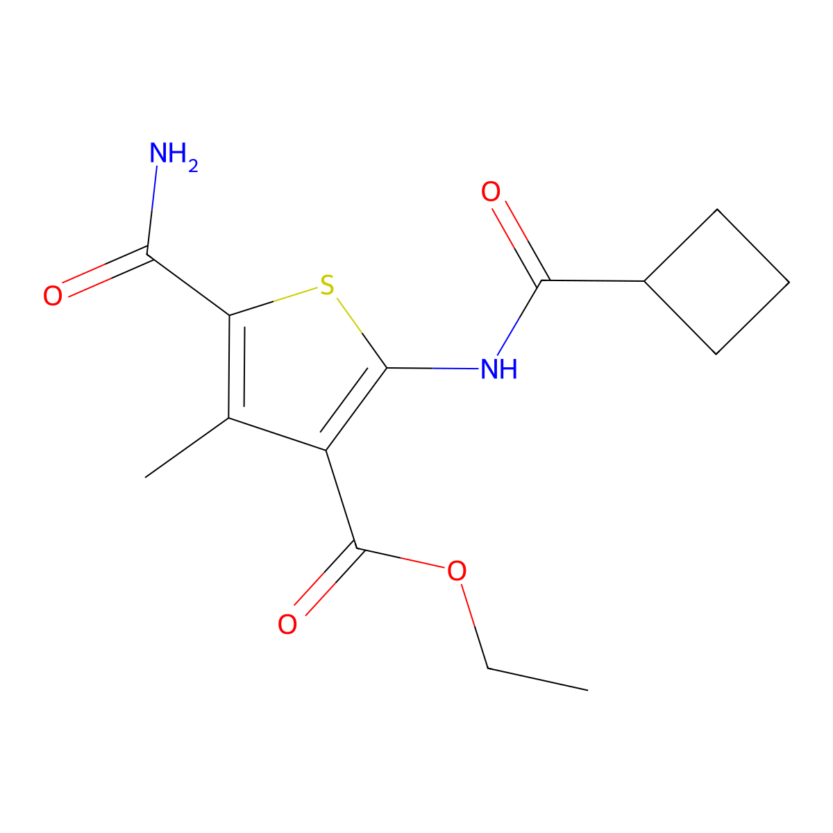 Ethyl 5-carbamoyl-2-(cyclobutanecarbonylamino)-4-methylthiophene-3-carboxylate molecular structure, CAS 444935-46-0