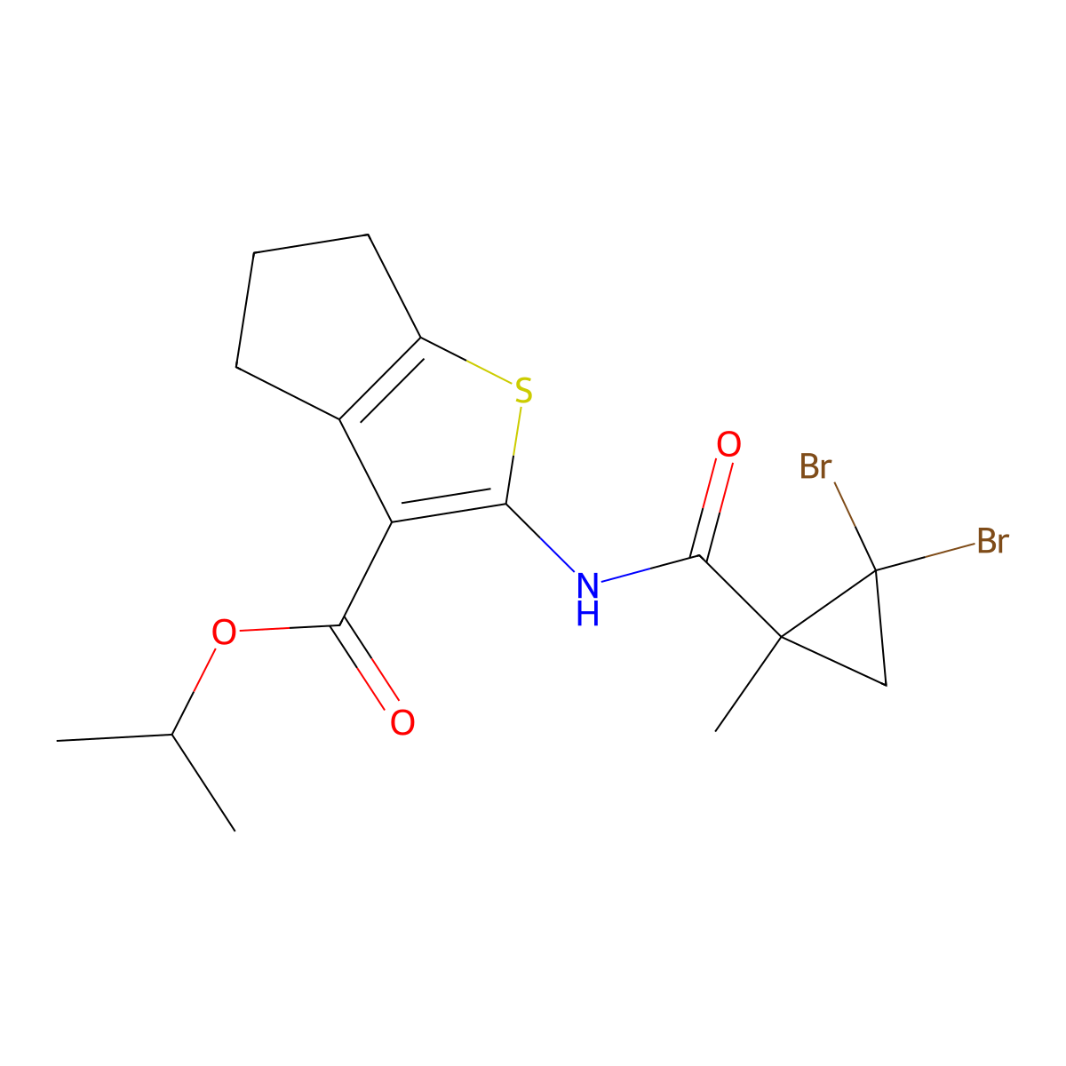 isopropyl 2-{[(2,2-dibromo-1-methylcyclopropyl)carbonyl]amino}-5,6-dihydro-4H-cyclopenta[b]thiophene-3-carboxylate molecular structure, CAS 444936-14-5