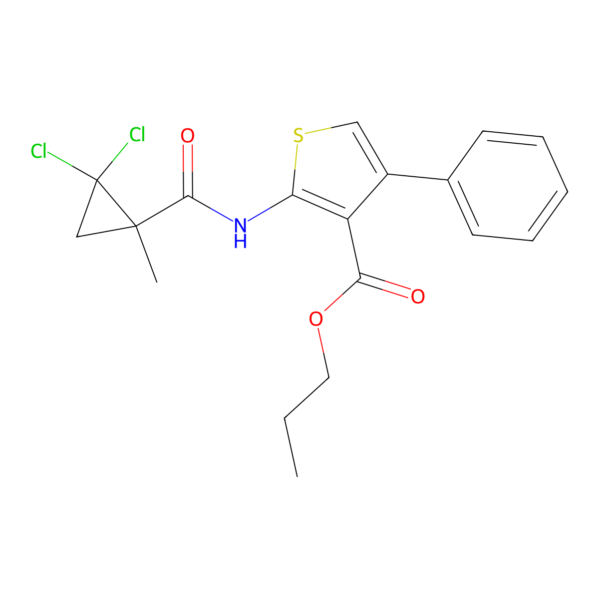 Propyl 2-{[(2,2-dichloro-1-methylcyclopropyl)carbonyl]amino}-4-phenylthiophene-3-carboxylate molecular structure, CAS 444936-33-8