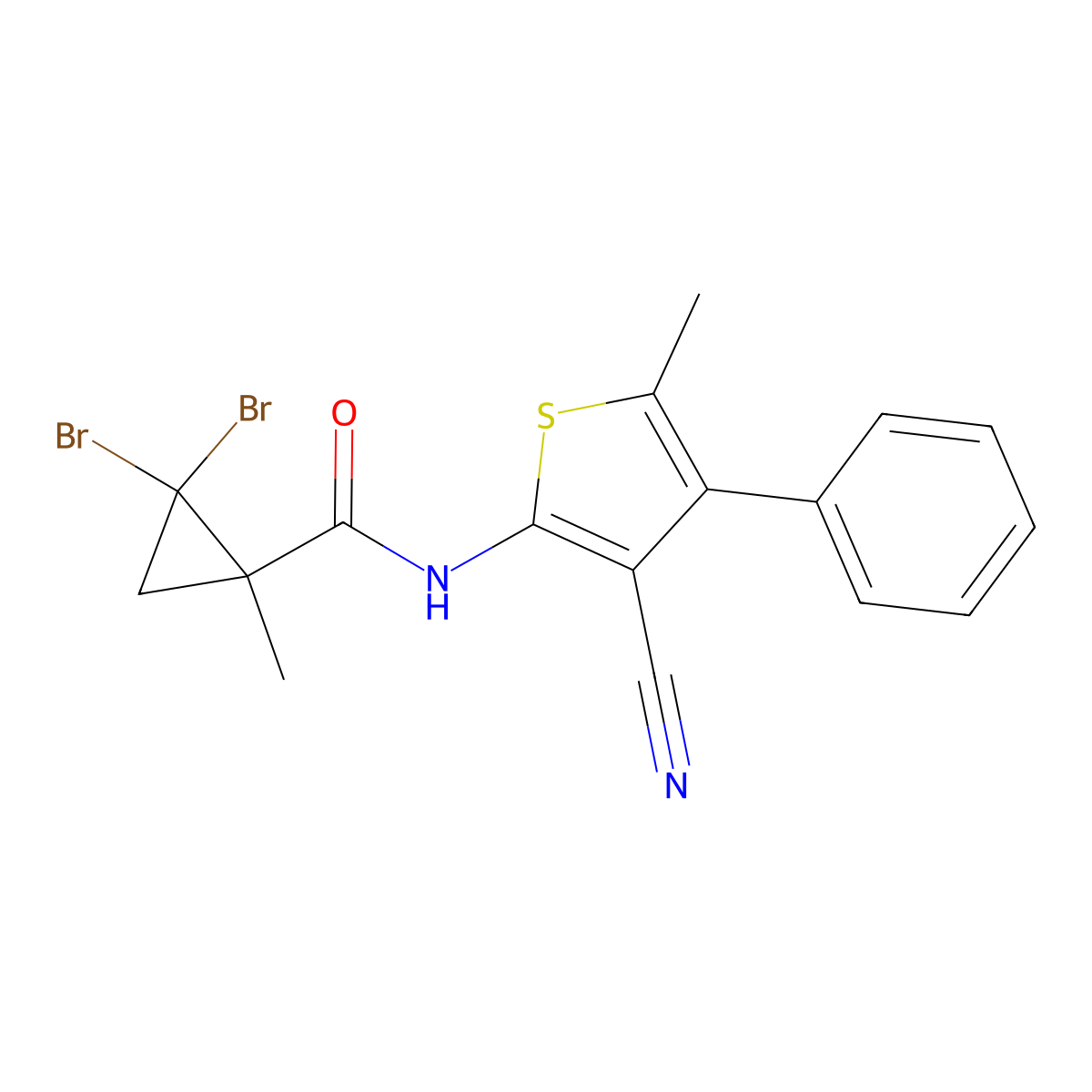 2,2-dibromo-N-(3-cyano-5-methyl-4-phenylthiophen-2-yl)-1-methylcyclopropane-1-carboxamide molecular structure, CAS 444936-43-0