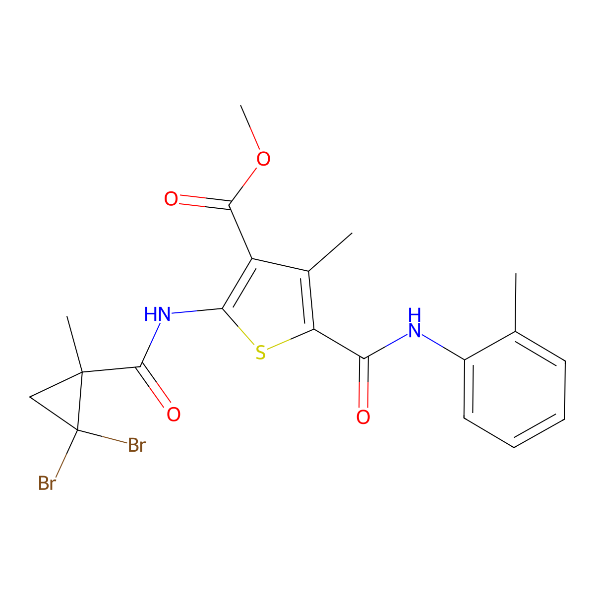 Methyl 2-[(2,2-dibromo-1-methylcyclopropanecarbonyl)amino]-4-methyl-5-[(2-methylphenyl)carbamoyl]thiophene-3-carboxylate molecular structure, CAS 444936-49-6