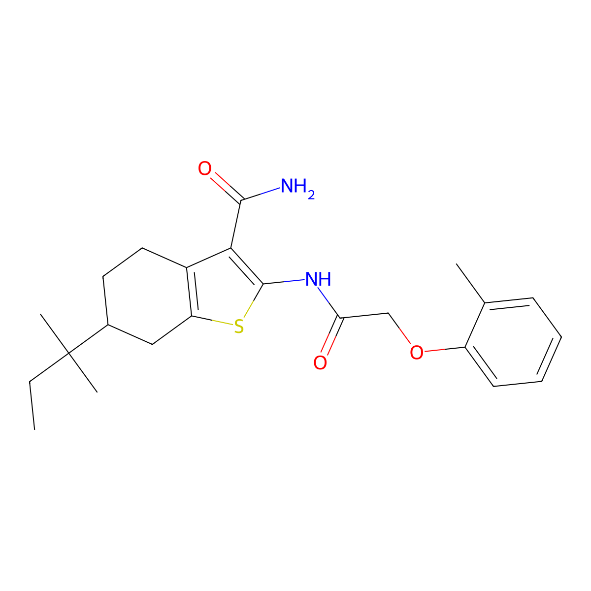 6-(2-Methylbutan-2-yl)-2-[[2-(2-methylphenoxy)acetyl]amino]-4,5,6,7-tetrahydro-1-benzothiophene-3-carboxamide molecular structure, CAS 444936-67-8