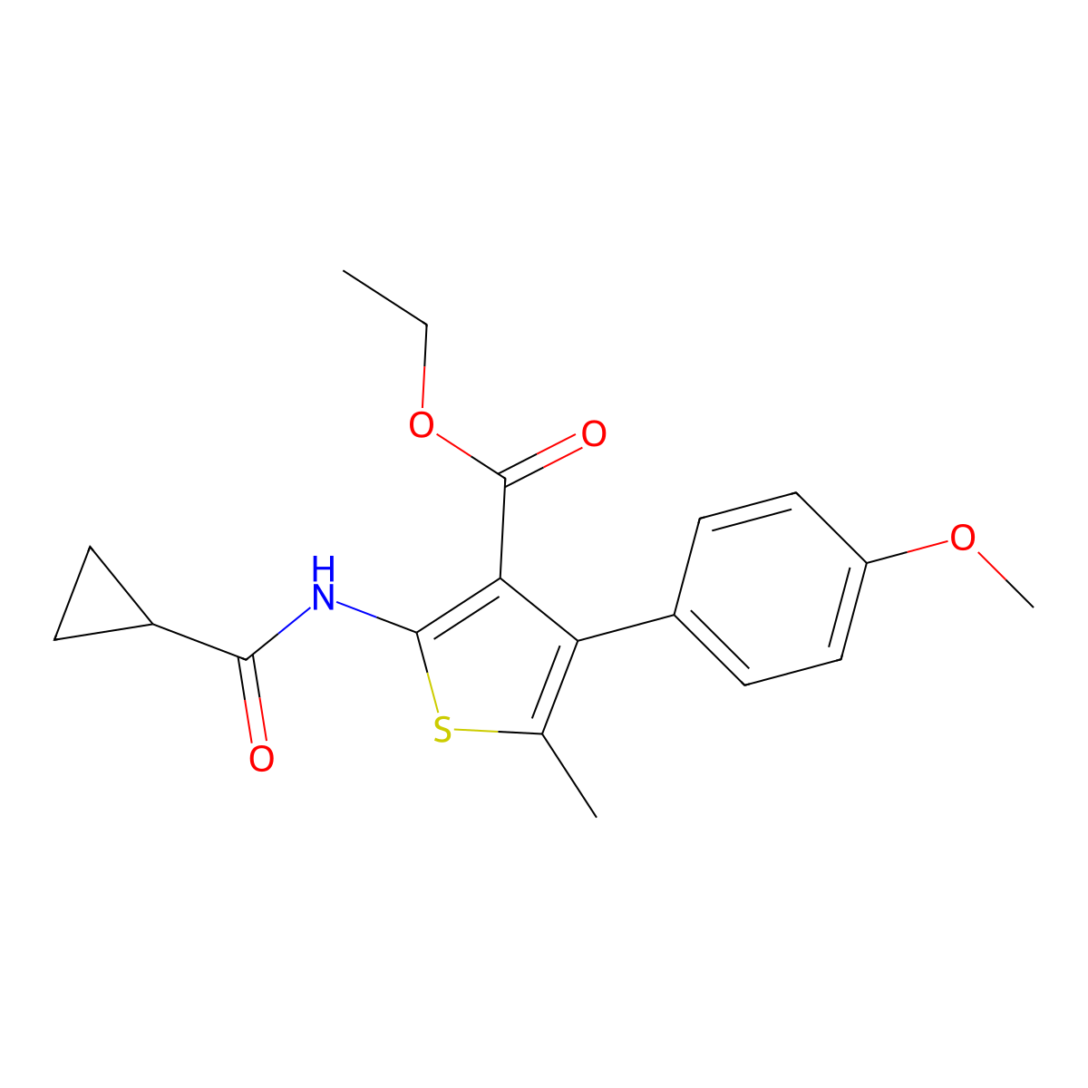 Ethyl 2-(cyclopropanecarbonylamino)-4-(4-methoxyphenyl)-5-methylthiophene-3-carboxylate molecular structure, CAS 444936-73-6