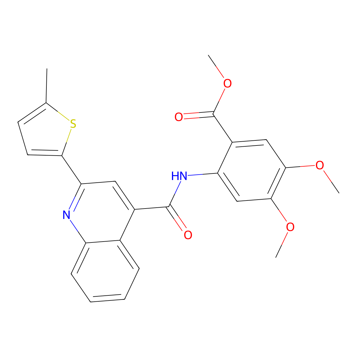 Methyl 4,5-dimethoxy-2-[[2-(5-methylthiophen-2-yl)quinoline-4-carbonyl]amino]benzoate molecular structure, CAS 444936-77-0