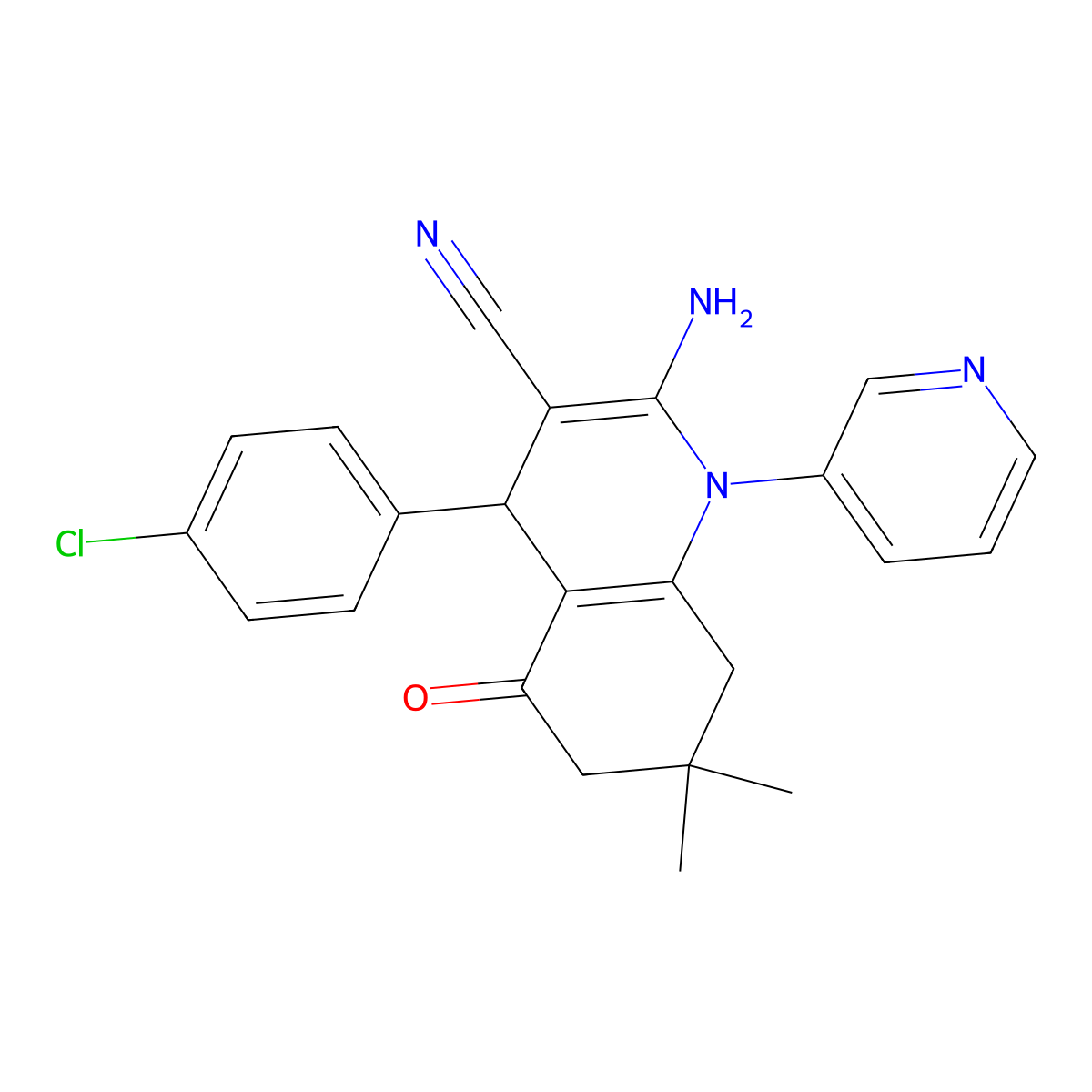 2-amino-4-(4-chlorophenyl)-7,7-dimethyl-5-oxo-1-pyridin-3-yl-6,8-dihydro-4H-quinoline-3-carbonitrile molecular structure, CAS 444937-06-8