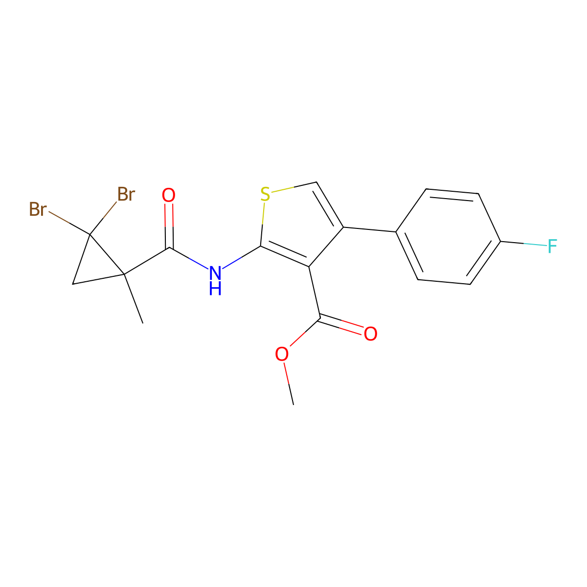 Methyl 2-{[(2,2-dibromo-1-methylcyclopropyl)carbonyl]amino}-4-(4-fluorophenyl)thiophene-3-carboxylate molecular structure, CAS 444937-12-6