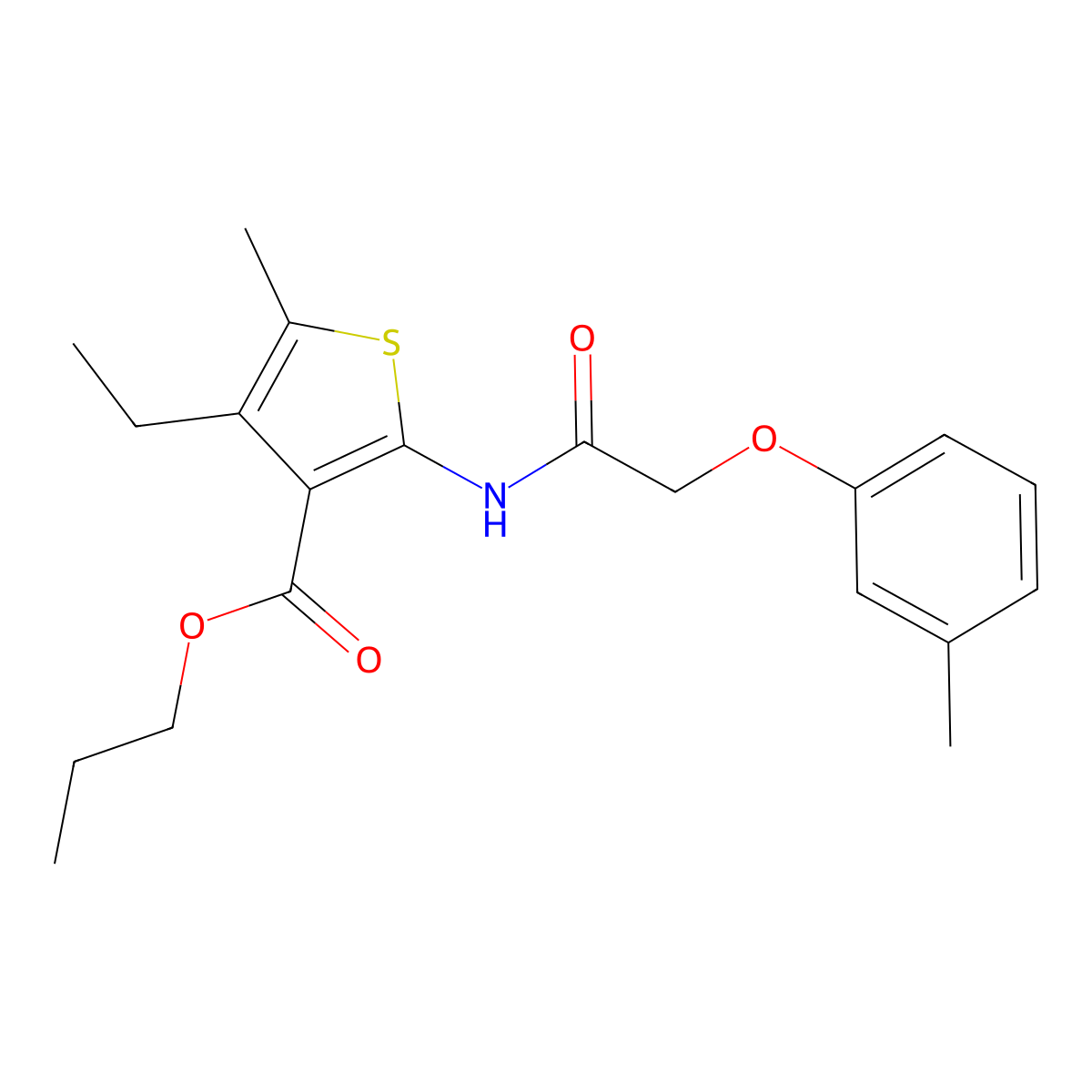 Propyl 4-ethyl-5-methyl-2-[[2-(3-methylphenoxy)acetyl]amino]thiophene-3-carboxylate molecular structure, CAS 444937-14-8