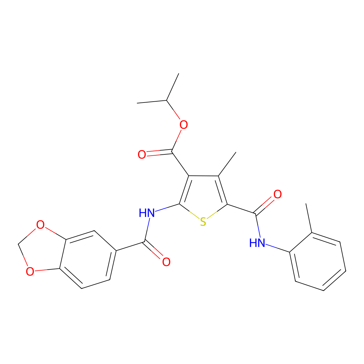 Propan-2-yl 2-(1,3-benzodioxole-5-carbonylamino)-4-methyl-5-[(2-methylphenyl)carbamoyl]thiophene-3-carboxylate molecular structure, CAS 444937-31-9