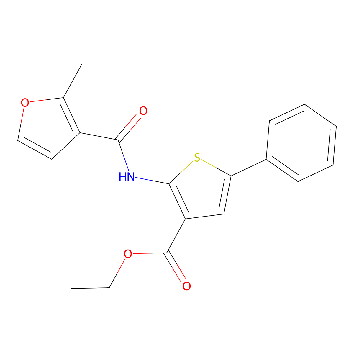 Ethyl 2-[(2-methyl-3-furoyl)amino]-5-phenyl-3-thiophenecarboxylate molecular structure, CAS 444937-52-4