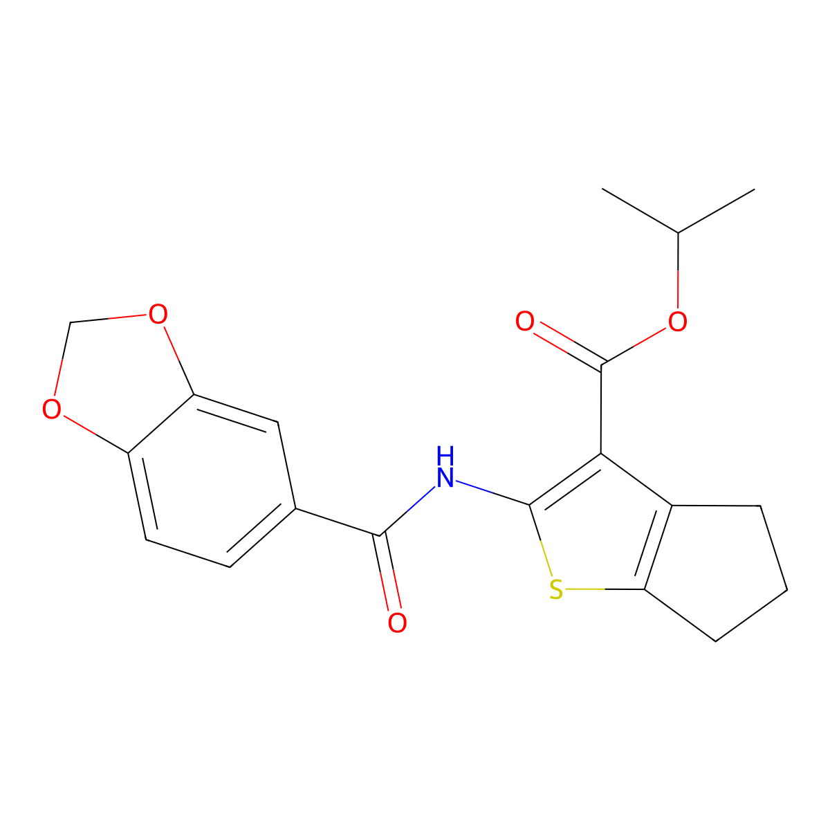isopropyl 2-[(1,3-benzodioxol-5-ylcarbonyl)amino]-5,6-dihydro-4H-cyclopenta[b]thiophene-3-carboxylate molecular structure, CAS 444937-82-0