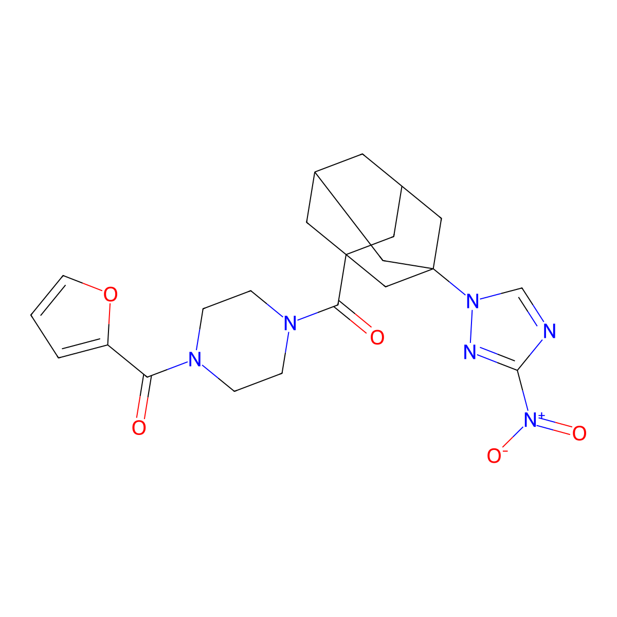 Furan-2-yl-[4-[3-(3-nitro-1,2,4-triazol-1-yl)adamantane-1-carbonyl]piperazin-1-yl]methanone molecular structure, CAS 444937-86-4