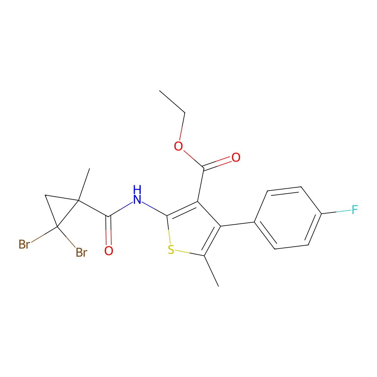 Ethyl 2-{[(2,2-dibromo-1-methylcyclopropyl)carbonyl]amino}-4-(4-fluorophenyl)-5-methyl-3-thiophenecarboxylate molecular structure, CAS 444937-97-7