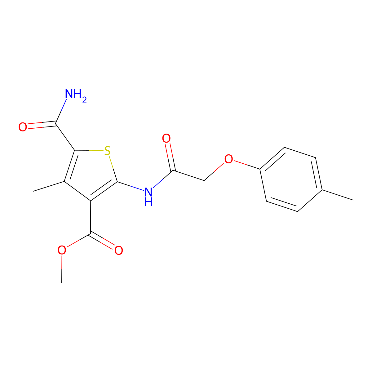 Methyl 5-carbamoyl-4-methyl-2-{[(4-methylphenoxy)acetyl]amino}thiophene-3-carboxylate molecular structure, CAS 444940-19-6