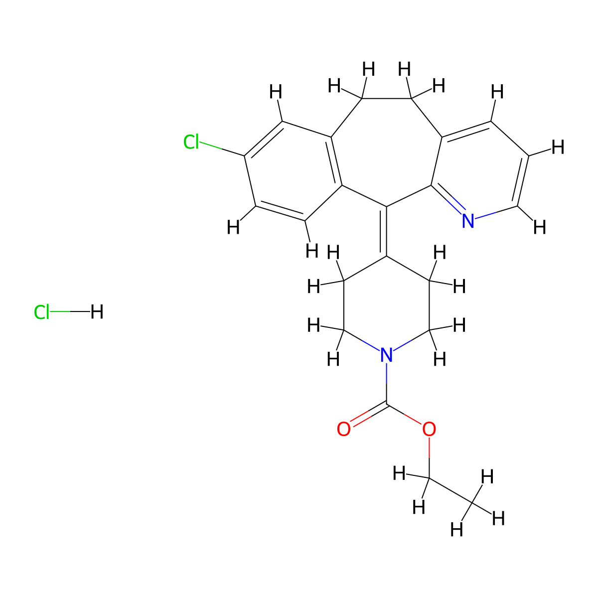 Loratadine hydrochloride molecular structure, CAS 444995-23-7