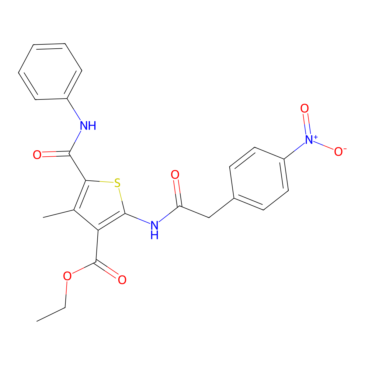 Ethyl 4-methyl-2-{[(4-nitrophenyl)acetyl]amino}-5-(phenylcarbamoyl)thiophene-3-carboxylate molecular structure, CAS 444998-28-1