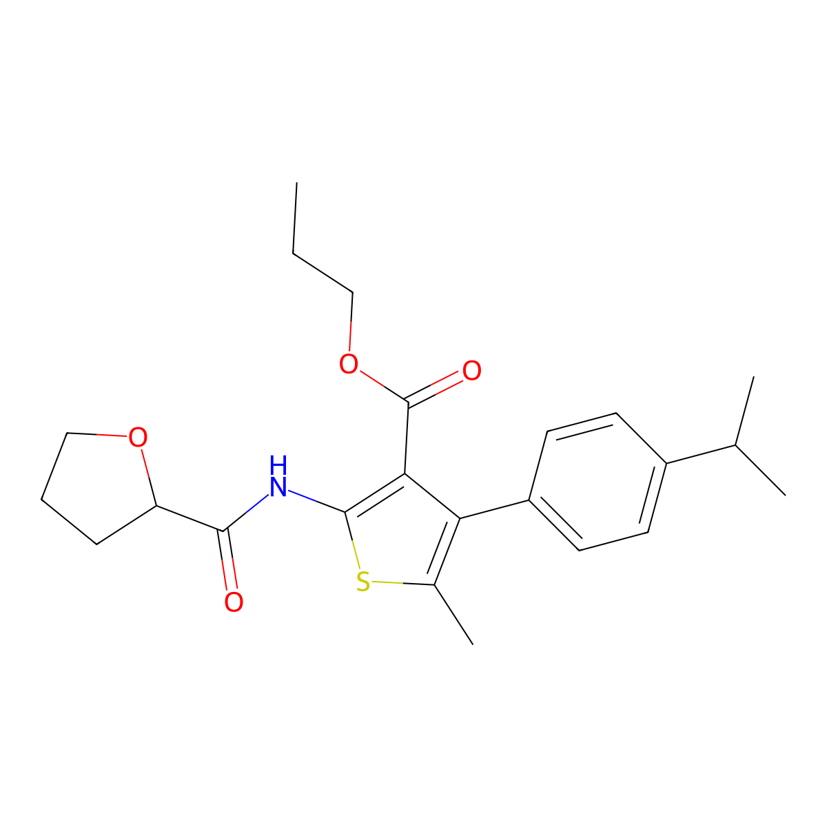 Propyl 5-methyl-2-(oxolane-2-carbonylamino)-4-(4-propan-2-ylphenyl)thiophene-3-carboxylate molecular structure, CAS 444998-33-8